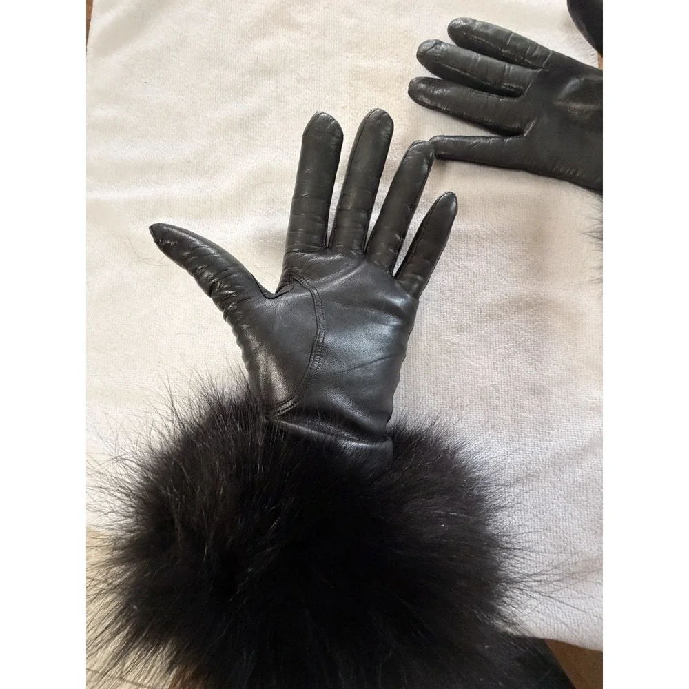 Vintage Black Leather Gloves Real Jumbo Fox Fur Cuffs 1980s Canada Small